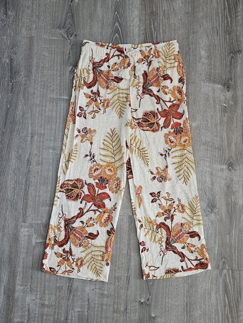 Rachel Zoe Linen Blend Cropped Pants Elastic Beige Floral Autumn Granola Girl L